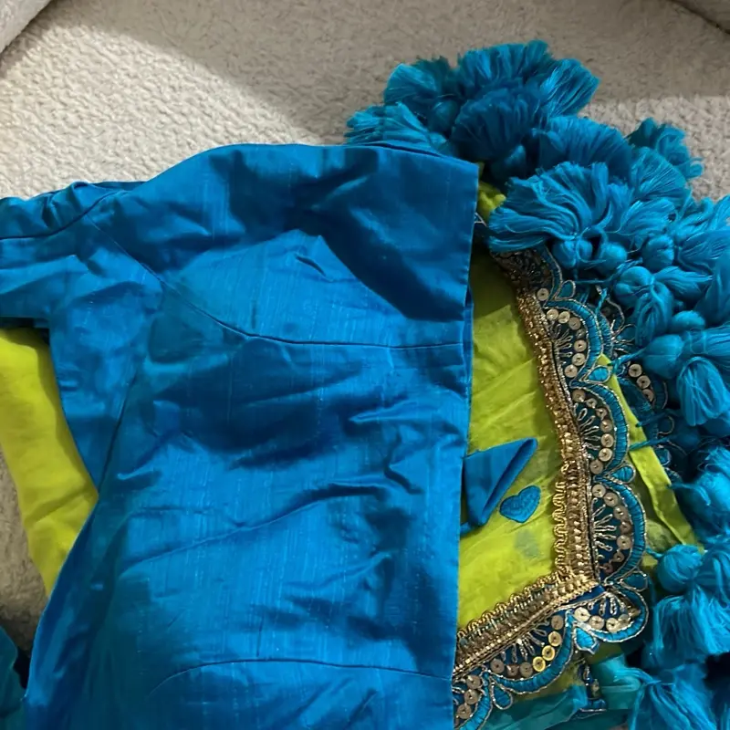 Mulmul Cotton Saree Blouse with Blue and Yellow Color Scheme and Embroidered Details