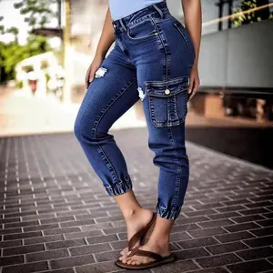 Fashionable women's jeans, elastic, tight-fitting, cuffed, multi-pocket, casual, trendy, cropped pants