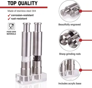 Stainless Steel Salt & Pepper Grinders Set - 2 Piece with Acrylic Holder for Kitchen Seasoning - Silver Finish, Refillable Design, Manual Operation, Vintage Style