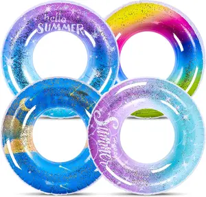 Summer Spring Gift 4 Pcs Rainbow Glitter Pool Float Inflatable for Kids Adults Rainbow Swimming Pool Rings Confetti Pool Tube Supplies for Summer Beach Outdoor Water Activities