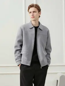 Men's Casual Jacket, Zipper Closure, Collar Design, Lightweight Business Style Faux Suede Coat, Durable Easy Care Fabric