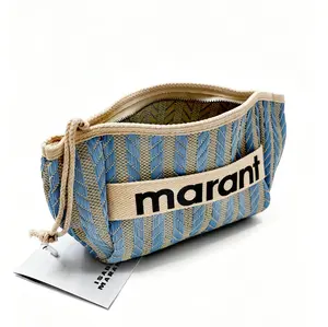 Women's Striped Woven Straw Texture Cosmetic Pouch - Zipper-Closure Portable Makeup Bag, Travel Storage Organizer for Summer Vacation
