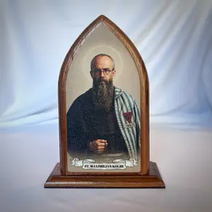 St. Maximilian Kolbe Arched Shrine | Handmade Catholic Icon with Brazilian Walnut | Wooden Saint Shrine | Catholic Home Altar Decor
