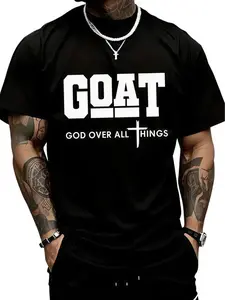 GOAT (“God Over All”) graphic T-shirt for men, loose short sleeves—trendy Christian, best-selling faith urban fashion style Casual Cotton Menswear Crewneck Tshirt Top Womenswear Streetwear Round Neck Tee