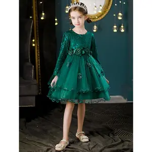 Princess Style Emerald Green Lace Long Sleeve Girls' Dress |   Floral Waist Tiered Skirt Party Dress Occasions & Daily Wear