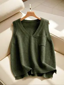 Women's New Fashion Elegant Simple Basic Minimalist Solid Color V-Neck Womenswear Sweater Vest, Split Hem Slit Design, Front Pocket, Casual Loose-Fitting Knit Sleeveless Top