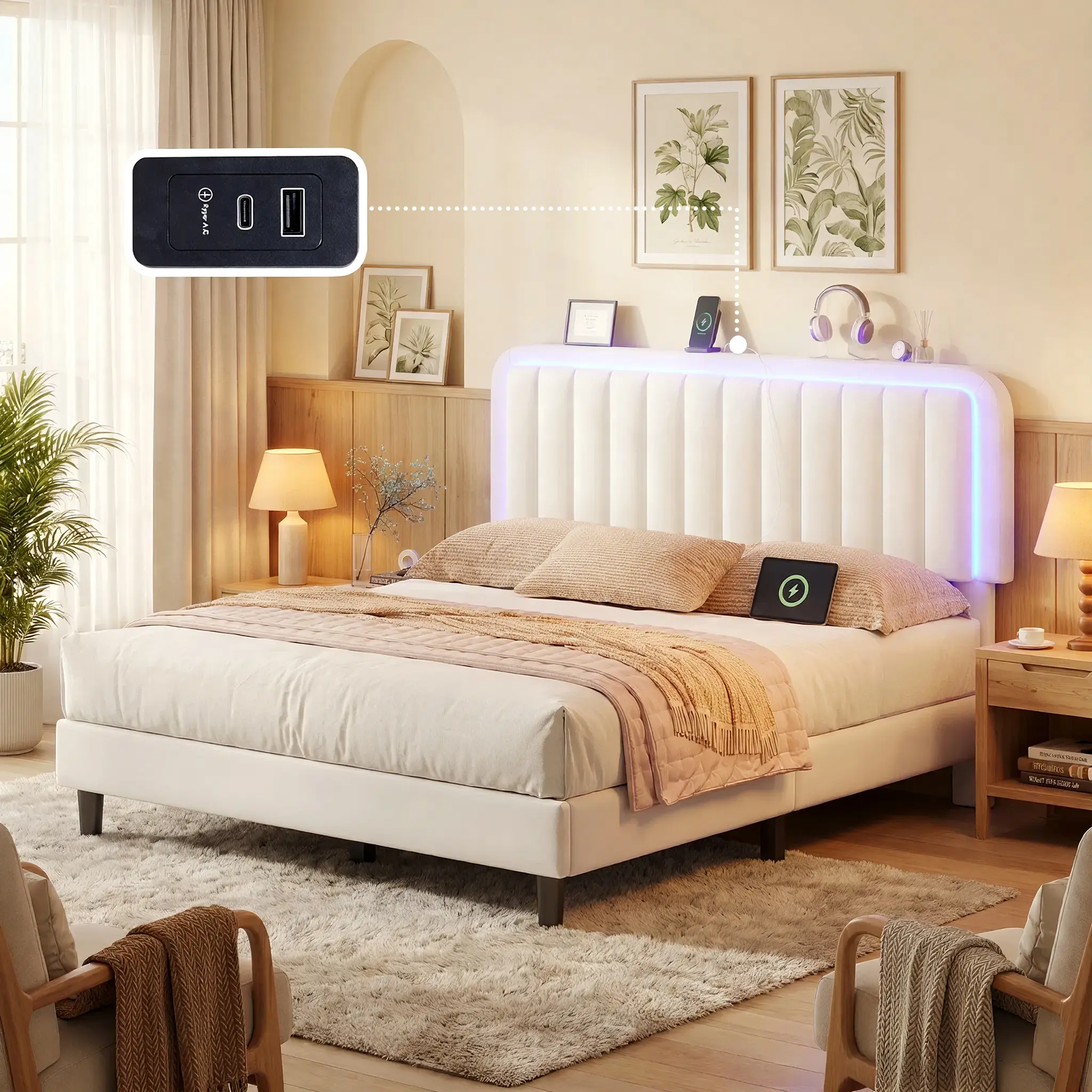 Modern Luxurious Suede Leather Headboard LED Bed Frame - Intelligent APP-Adjustable Lighting, Noiseless Steel Crossbeam Support, Soft-Style Bedroom Furniture (Mattress Not Included)