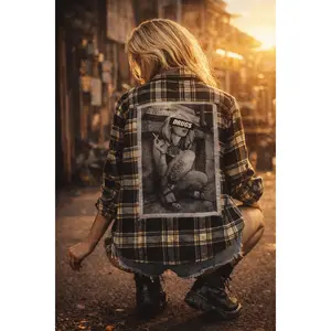 “DRUGS” Fishnet Patch Flannel – XS Upcycled Women’s Black & Cream Plaid