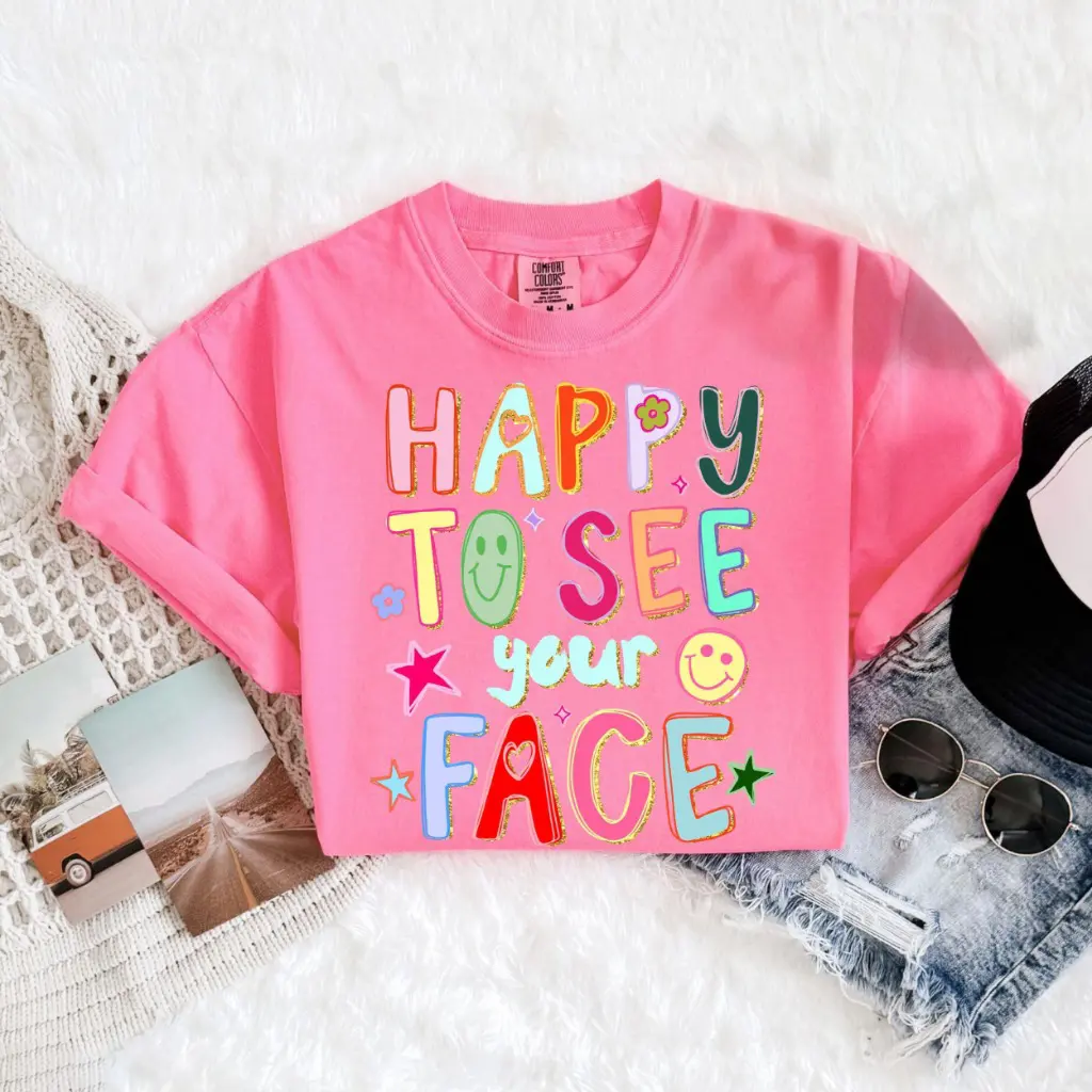 Comfort Colors Happy To See Your Face Teacher Shirt Hand Drawn Colorful Doodle Stars Messy Glitter Teacher T-shirt Appreciation Gift Tee Fit Apparel