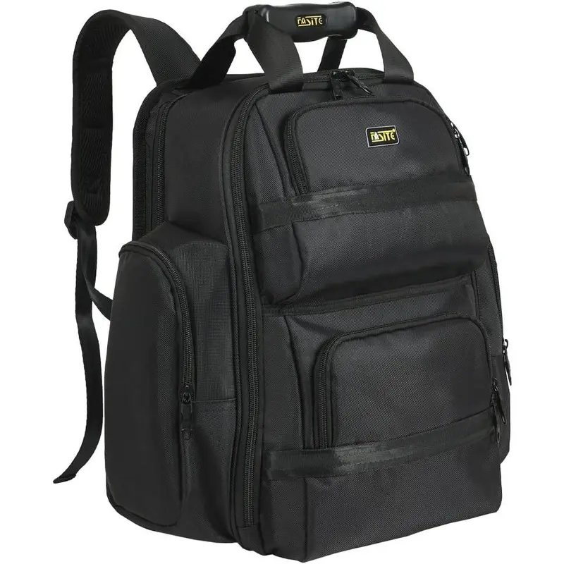 Tool Bag Backpack - & Organizer for Contractor, Electrician, Plumber, HVAC, Large Front Flap Fit 13" -17" Laptops Notebook, Black