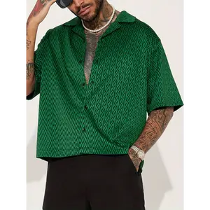 Summer Style, Men's Stylish Green & Black Chevron Pattern Short Sleeve Shirt - Casual Loose-Fit with Button-Up Collar, Easy Care Polyester Blend, Perfect for Summer, Shirts for Summer shirts  Top Menswear Stretch Fabric Tights Wetsuit Shortsleeve Tropical