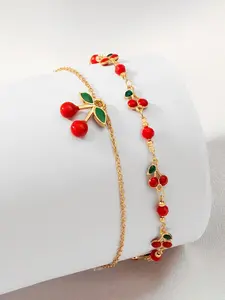 Summer Boho Cherry Fruit Anklets, Creative Multi-Layer Stackable Footwear Accessories, Zinc Alloy, Ideal for Party and Vacation
