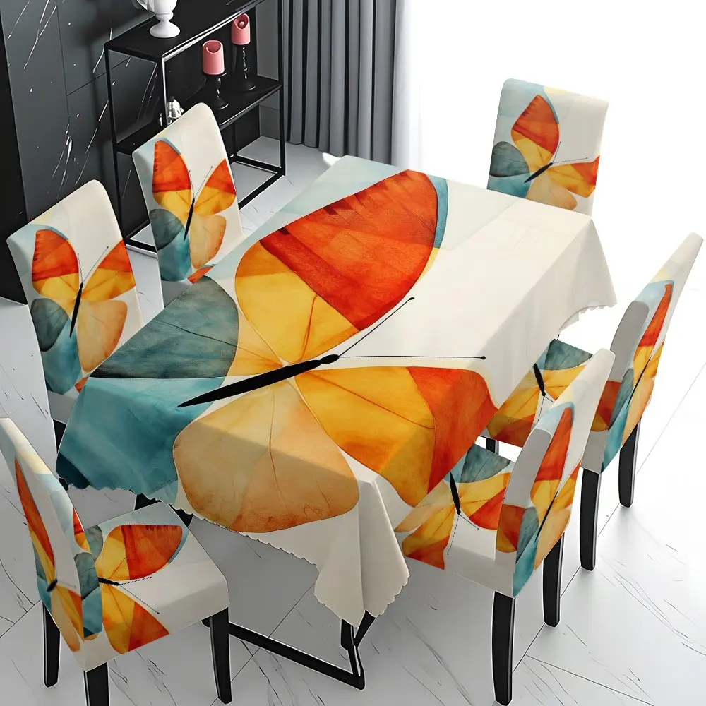 5/7 Pcs Abstract Watercolor Butterfly Print Tablecloth & Chair Cover Set, Boho Artistic Aesthetic Style, Stretch Removable Washable Dining Chair Slipcover, For Family Daily Dining, Holiday Gathering, Party Decor