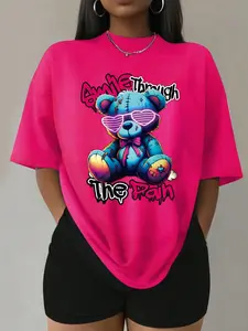 Women's Cartoon Bear Print Round Neck Tee, Vintage Trendy Casual Drop Shoulder Half Sleeve T-shirt For Daily Wear, Ladies Summer Outfit, Clothing