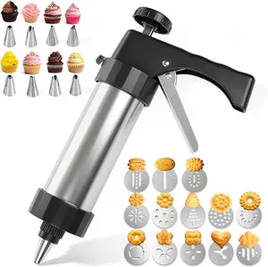 Stainless Steel Cookie Press Gun Kit with 13 Cookie Discs and 8 Piping Tips, Durable Butter Cookie Shooter for DIY Various Cookies and Cake Maker