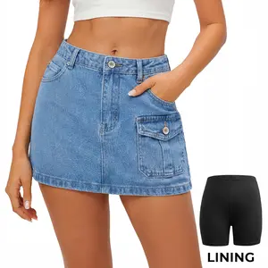 EMMIOL Denim Jean Skirt for Women Low Rise Mini Y2K Summer Sexy Skorts with Pocket Cotton Trendy Casual Cargo Skirts Short