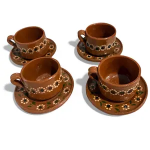 Mexican Terra Cota Traditional 4pc Coffee Mugs with 4 Plates 4 Tazas de Barro Mexicano con 4 Platos