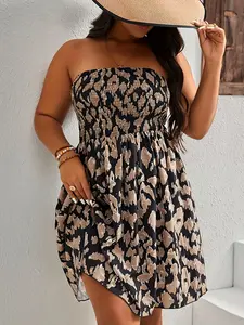 Plus Size Sexy off Shoulder Leopard Print Dress, Vacation Beach Summer Casual Dress, Halter Neck Sleeveless Dress, All Seasons Fashion