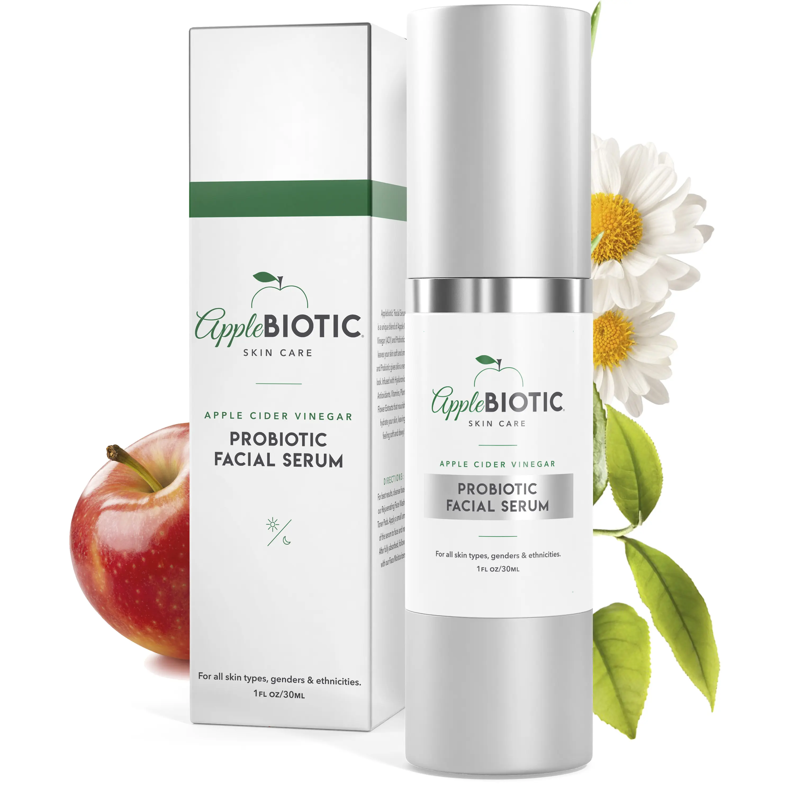 Applebiotic Apple Cider Vingar Probiotic Facial Serum for Face with Hyaluoronic Acid, Aloe, Green Tea and Vitamin B3, Day and Night Face Serum, Hydrating and Blemish Control Serum, Oil-Free (1 Oz)