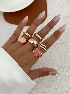 Women's Boho Style Rings Set, Stacking Ring Set, Stackable Rings, Geometric Gemstone Inlay Jewelry for Women, Perfect Gift for Daily Wear & Party Events