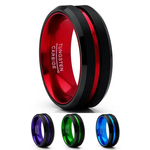 Men's Hypoallergenic Tungsten Carbide Grooved Jewelry Band - 8-millimeter Wide, Black Brushed Finish, Cobalt-Complimentary, Solid Colors with Vibrant Blue/Red/Green Contoured Inner Surface, Men's Jewelry Gift Accessory