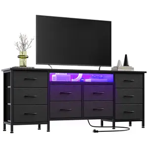 63 Inch Designer Furniture Dresser with 10 Drawers, Power Outlet, LED Light, Space Saving Storage Cabinet for Bedroom, Living Room, Dorm