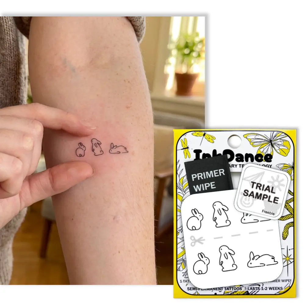 InkDance Semi-Permanent Tattoo, Line Art Tiny Bunny, Long Lasting Temporary Tattoos, Waterproof Plant-Based Ink, Lasts 1-2 Weeks, Color Develops in 24 Hours MNF213, Set of 6