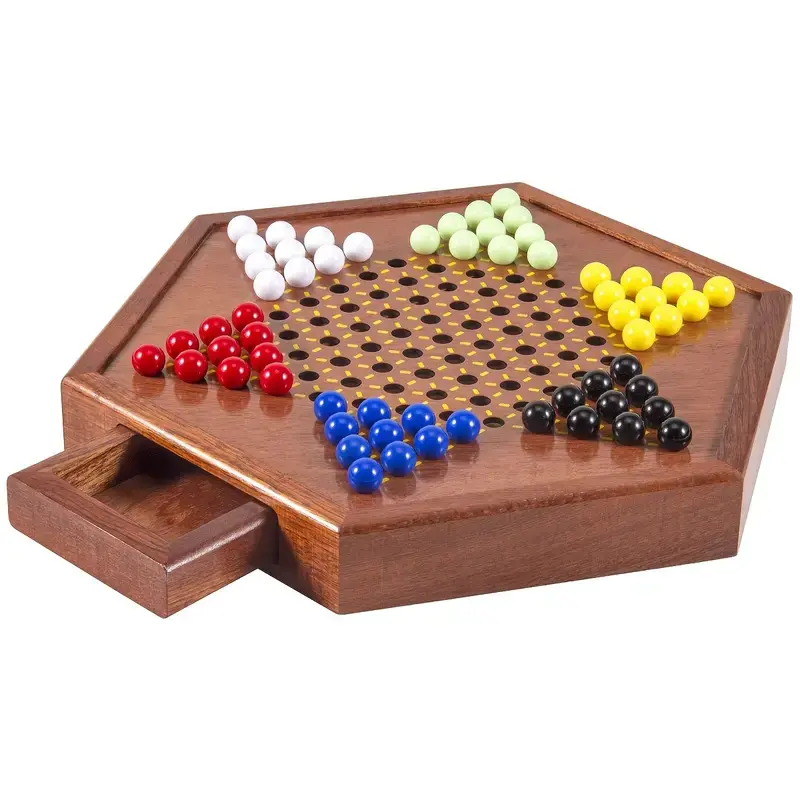 Deluxe Wooden Chinese Checkers Game - 12.5" Hexagonal Board With Storage Drawer, 60 Acrylic Marbles & 12 Spare, Classic Family Strategy Game For Home Gatherings