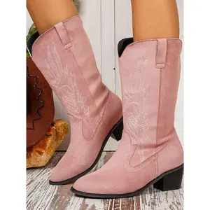 Women's Embroidered Mid-Calf Boots, New Thick Heel Vintage Western Cowboy Boots, Suitable for Spring & Fall Fashion Footwear