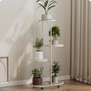 GARVEE Wrought Iron Corner Plant Shelving Rack with Wheels, Multi-Layer Organizer for Flower Pots, Ideal for Room Corners, Balcony, Garden, Patio - Cream White Four-Tier Planter Stand