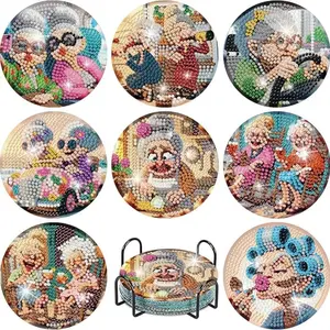 8-Piece Diamond Art Coaster Set with Stand, DIY Grandma Pattern, Suitable for Adults & Beginners, Perfect Gift for Friends, Diamond Painting Coasters