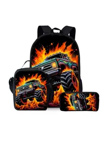Truck pattern printed 17-inch Casual printed backpack three-piece set (single-layer backpack + shoulder strap lunch bag + single-layer pencil case)