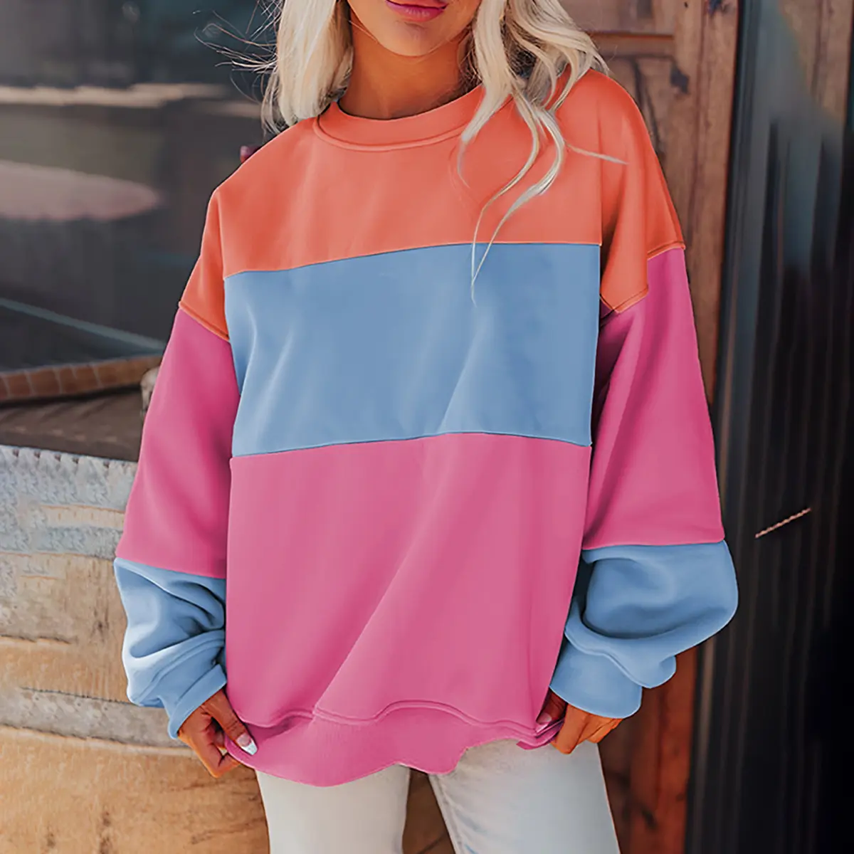 Bright Pink Colorblock Patchwork Drop Shoulder Sweatshirt