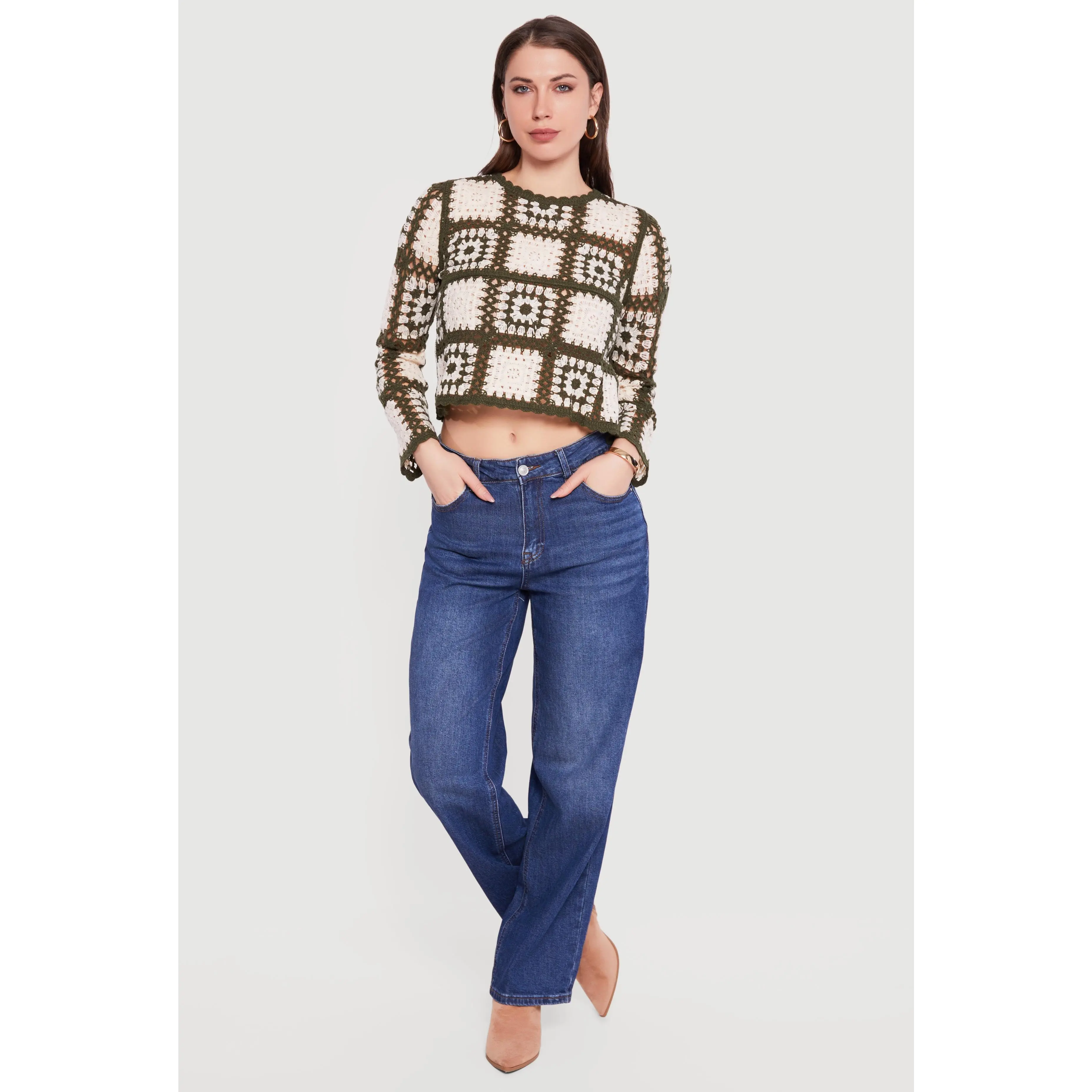 Geometric Crochet Cropped Long Sleeve Sweater