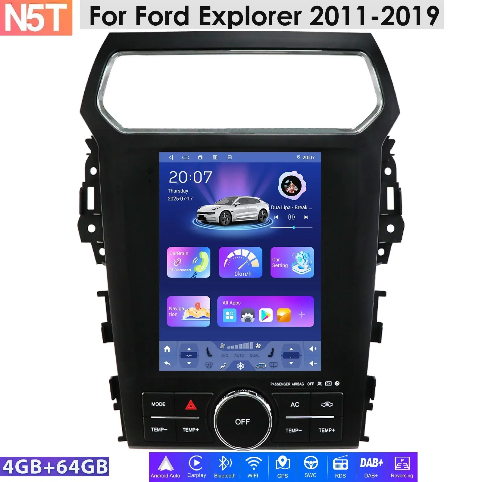 Touchscreen Head Unit for Ford Explorer 2011-2019, 8-Core 64GB Car Radio Stereo with GPS Navigation, Wireless CarPlay, Wireless Android Auto, WiFi