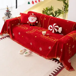 Christmas Theme Fringe Sofa Blanket, Anti-Slip Durable, Holiday Home Decor, Reusable Christmas Gift, Party Atmosphere Enhancer, Dustproof Sofa Cover