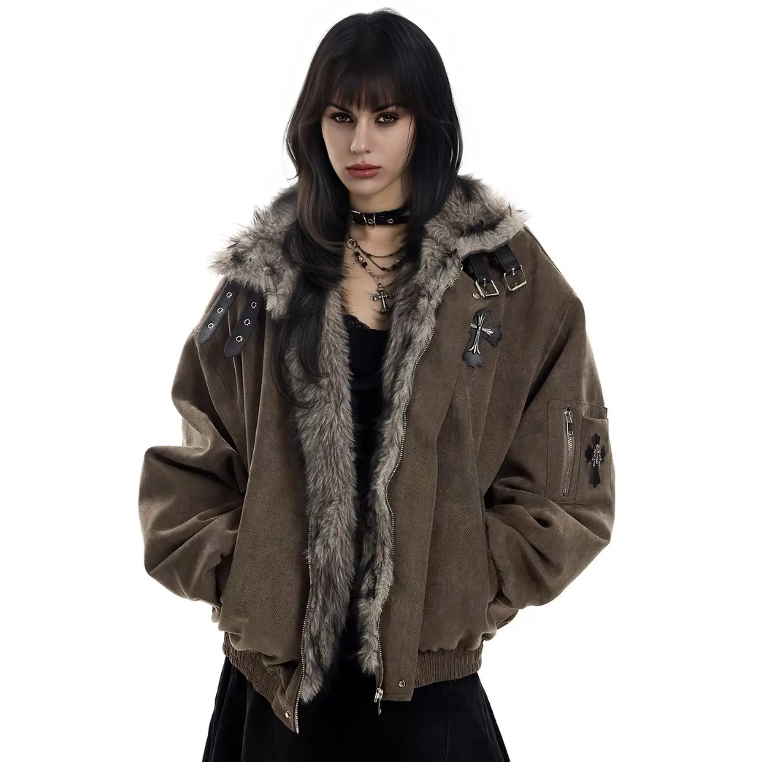 Women's High-End Faux Fur Collar Jacket | Thickened Warm Loose Street Style Coat, Y2K Style