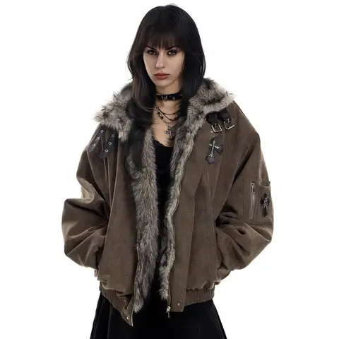 Women's High-End Faux Fur Collar Crew Neck Jacket - Thick Warm Loose Street Trend Outerwear, Chic Women's Fashion Clothes for Gifting Female Adults