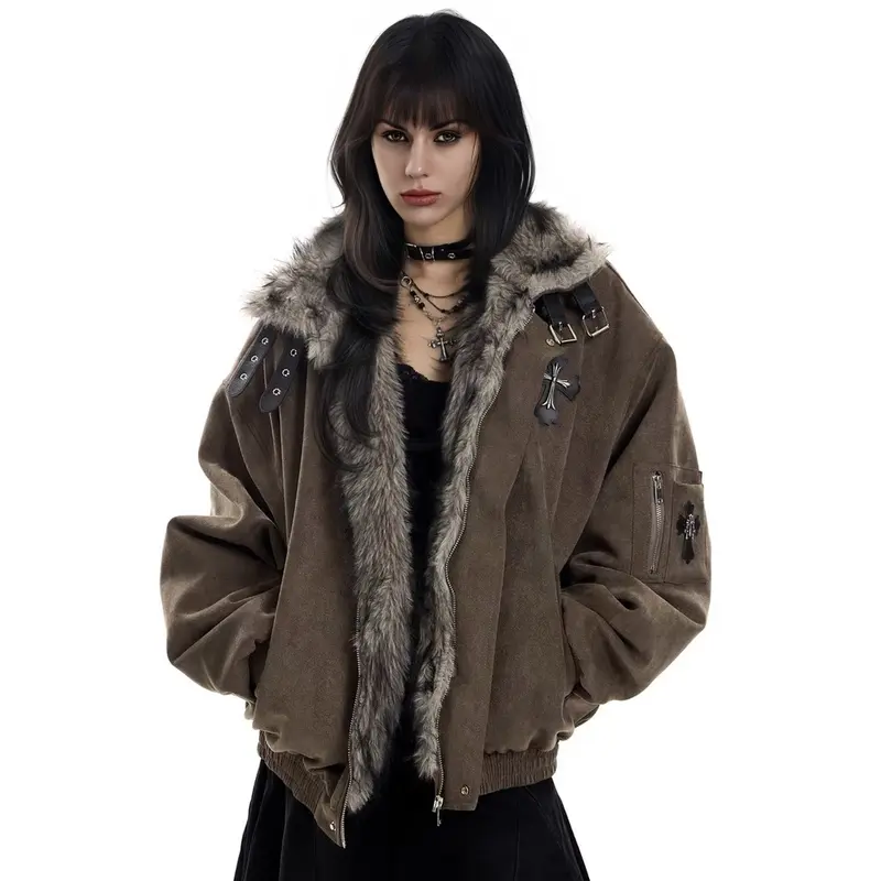 Women's High-End Faux Fur Collar Crew Neck Jacket - Thick Warm Loose Street Trend Outerwear, Chic Women's Fashion Clothes for Gifting Female Adults