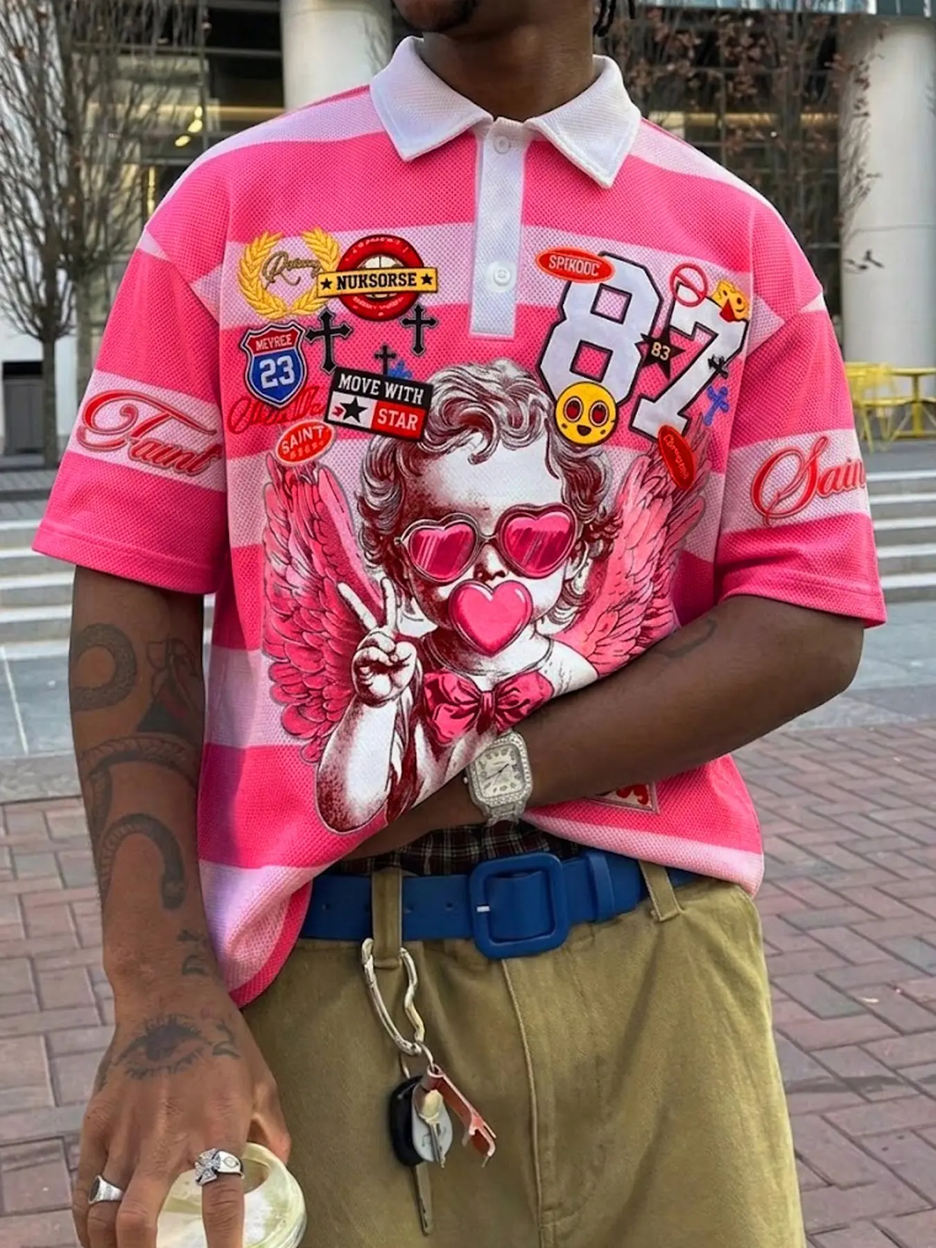 Men’s Y2K Aesthetic Cherub & Patch Print Striped Mesh Polo Shirt, Pink Streetwear Jersey, Breathable Fabric, Oversized Fit, Casual Polo Shirts, Versatile Casual Top for Daily & Summer Wear