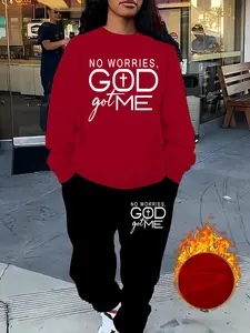 【Plus Size】 Two-piece Set Letter Print Sweatshirt & Pants Set, Casual Round Neck Long Sleeve Pullover & Trousers, Women's Two-piece Outfits for Daily Wear, Casual Matching Set