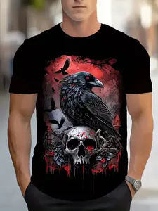 Men's Gothic Raven and Skull Graphic T-Shirt | 100% Cotton Dark Aesthetic Crow Art Tee | Vintage Horror Style Streetwear Short Sleeve Top | Mystical Red & Black Edgy Casual Mens Shirt