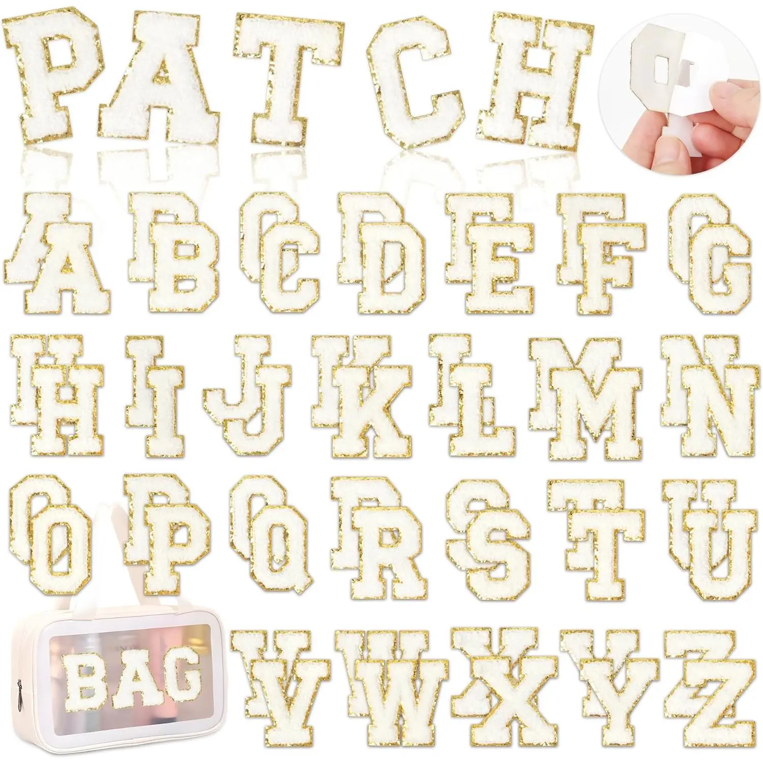White Chenille Letters Self-Adhesive Patches:  52 count Self Adhesive Varsity Iron on Letter Patches Stick on Embroidered Patch for Clothing