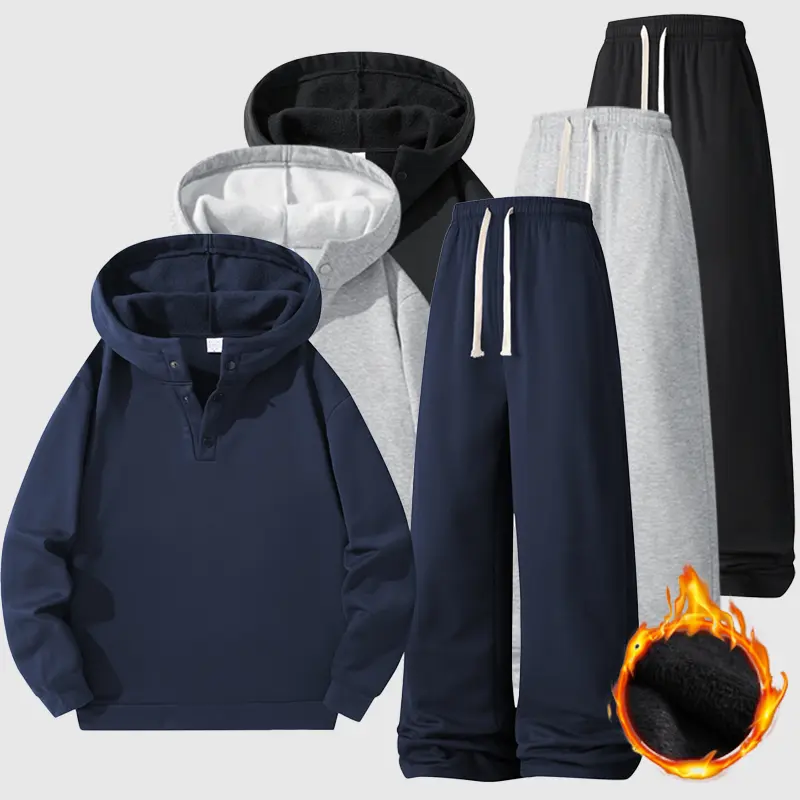2025 Fleece Lined Warm Sports Suit, Unisex Casual Sportswear, Hooded Sweatshirt with Loose Fleece Pants, Plus Size Thickened Warm Fitness Activity Set, Outdoor Sports Suit, Summer Trendy Sports Style