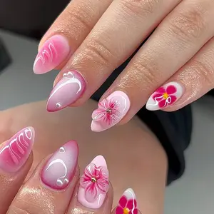 3D Purple Floral Press-On Nails – 3 set, 30 pieces total; French tip cat-eye almond nails; coquette blush false nails; luxury sweet Instagram–style finished nail tips for women