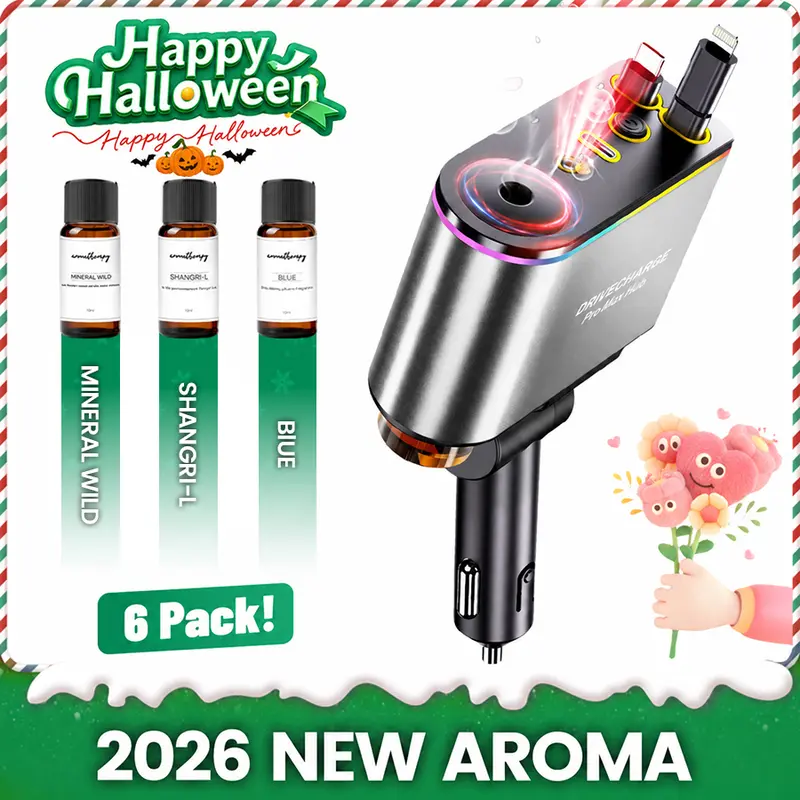 Smart Retractable Car Charger & Air Freshener - 66W Fast Charging with Dual Type-C/Lightning Adapter for All Phones, Starlight Projector Mood Light & Aromatherapy Diffuser,Includes 6 x 10ml Perfumes,Ideal Car Accessories & Halloween Gift for Men autumn