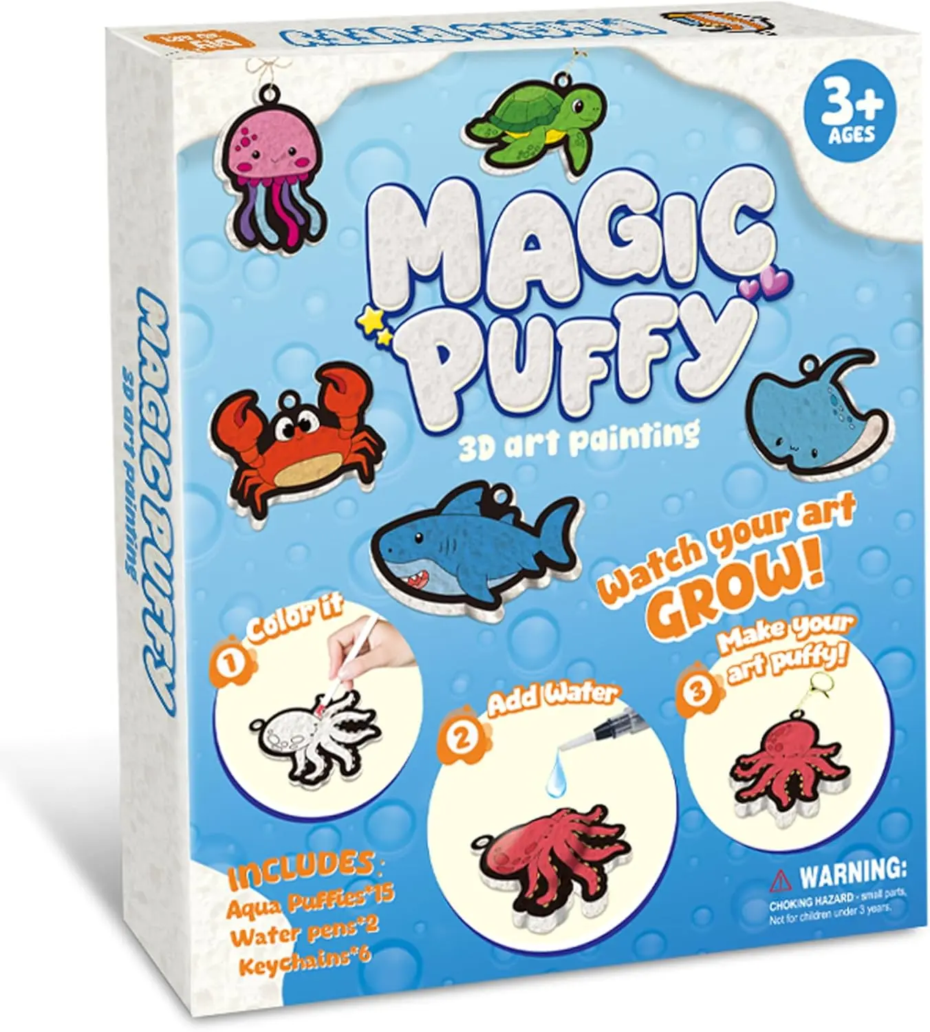Magic Puffy Paint Kit for Kids, 3D Foam Texture Painting Art Set with 12 Color Markers, Water-Activated Paint by Number Craft Kit, DIY Keychain Art Activity Gift for Girls and Boys Ages 4-10