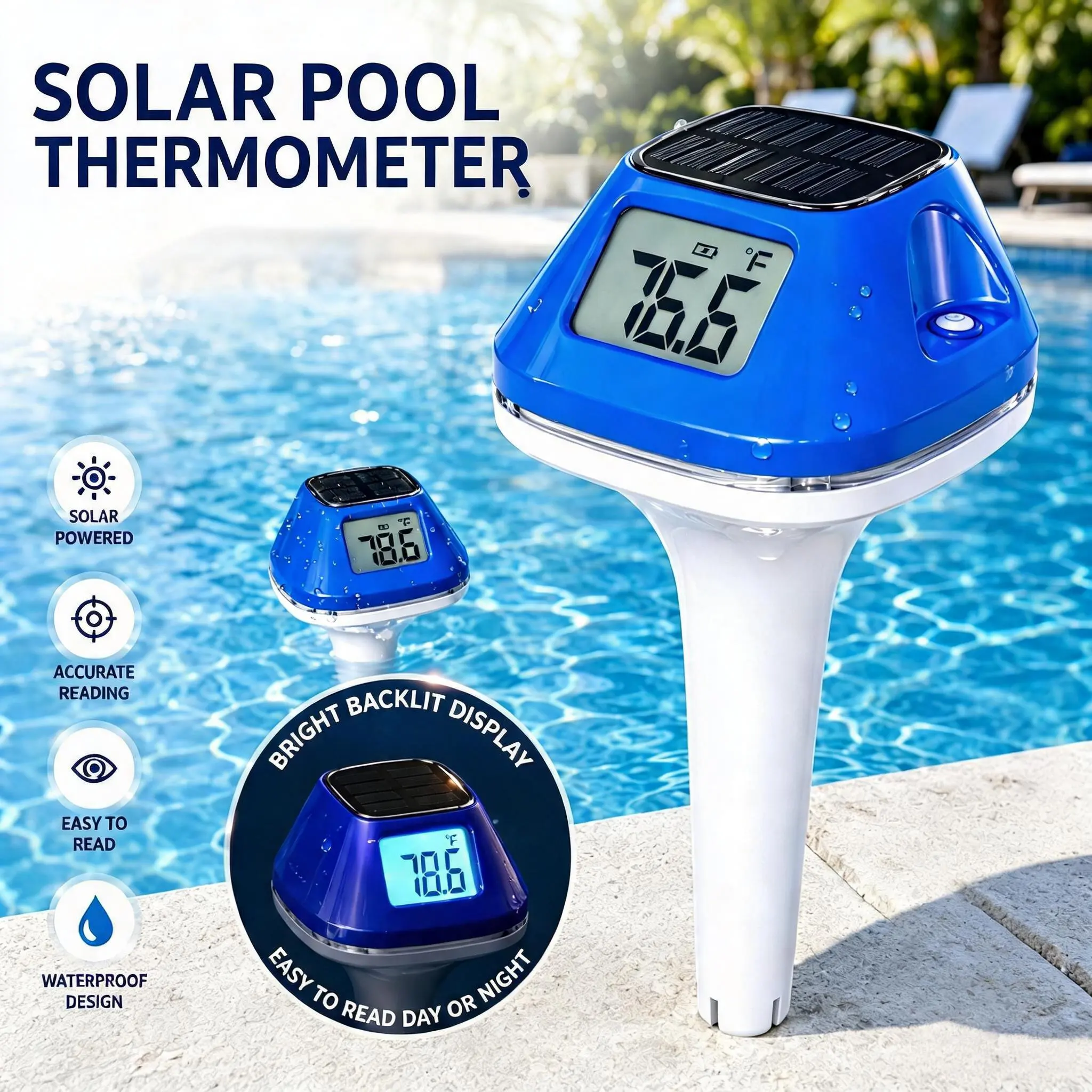 LuxBlue Solar Pool Thermometer Floating Easy Read, Digital Pool Thermometer with Large Backlit LCD Screen & Rope, IP68 Waterproof Pool Temperature Thermometer, Pool Temperature Gauge for Hot Tub, Spa