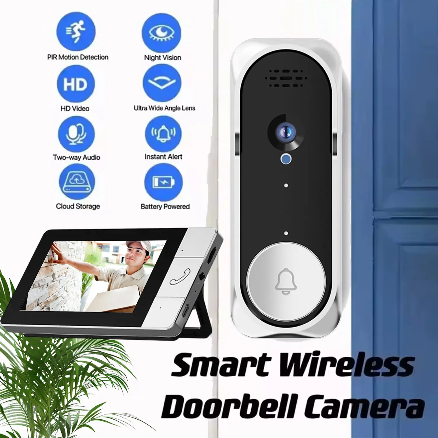 Wireless Video Doorbell with 4.3 Inch Color Screen, Night Vision, Waterproof Design, Long Battery Life, Supports Video Call and Two-Way Audio