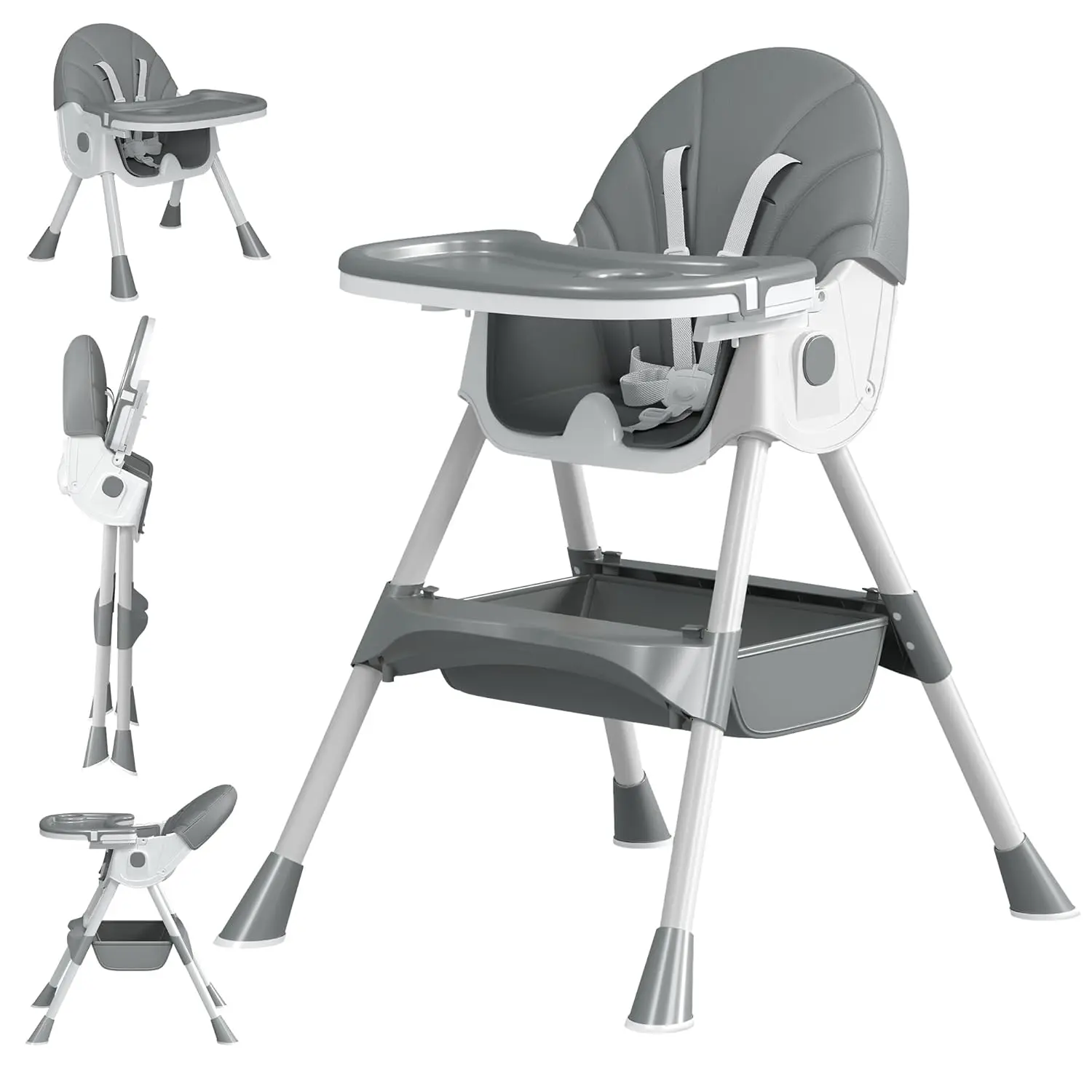 Grey 5-in-1 Baby High Chair (Baby Furniture) - Portable Folding Toddler Seat with Footrest, Detachable PU Cushion, Double Removable Tray, Adjustable Height & Recline, Portable Folding Seat, Multi-Use Seat